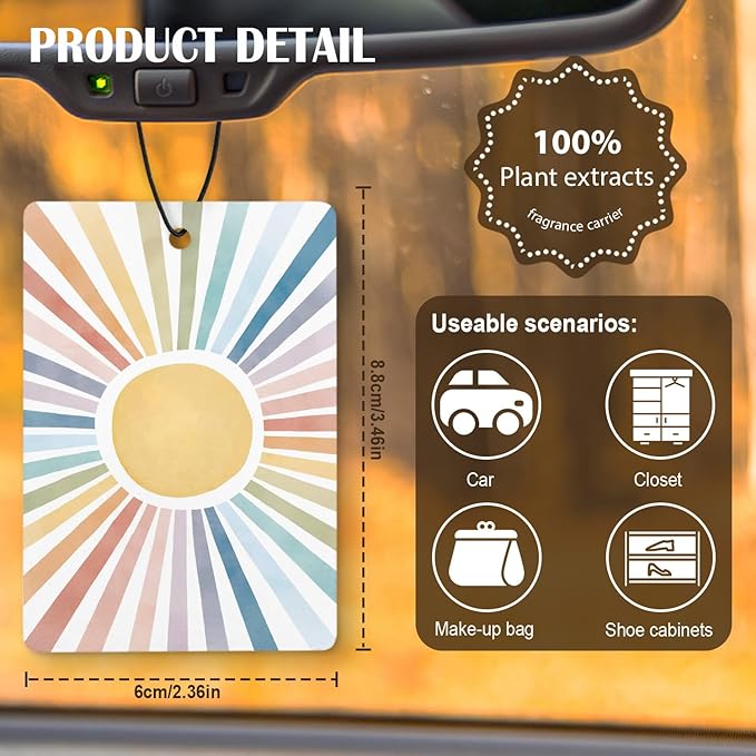 Boho Colorful Sun Car Air Freshener 4 Pcs, Watercolor 70s Retro Groovy Sunshine Hanging Air Freshener for Cars Closet Drawer Books, Cute Girly Car Accessories for Women Girls