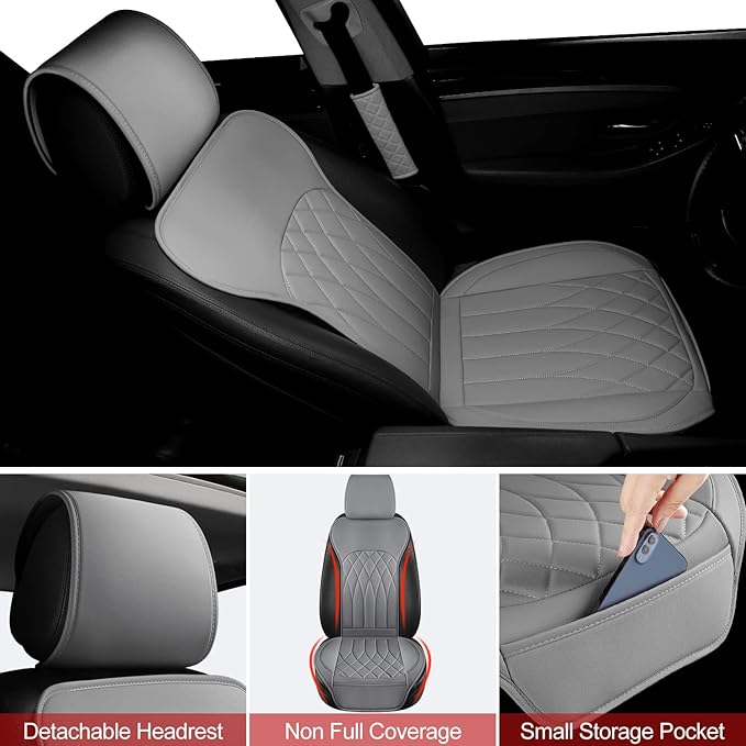 2 Pack Leather Front Car Seat Covers, Universal Sideless Car Seat Protectors with Storage Pocket and Seat Belt Pads, Waterproof Automotive Seat Cover for Cars Trucks SUV(Grey)