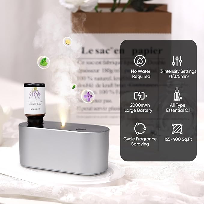 Waterless Diffuser for Essential Oil, Battery Operated Scent Air Aromatherapy Diffuser, Mini Aroma Diffusers with 3 Intermittent Mist Modes, Cycle Start for Home Office Bedroom - Silver