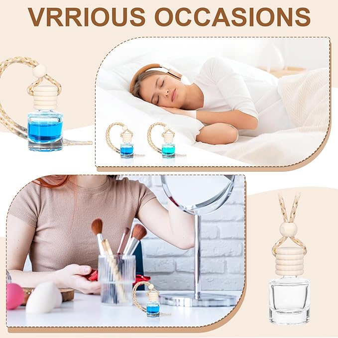30Pcs 8ml Hanging Car Air Freshener Diffuser, Refillable Clear Glass Essential Oil Fragrance Perfume Diffuser Bottle Pendant Empty Bulk, Glass Vials with Wooden Caps & Hanging String
