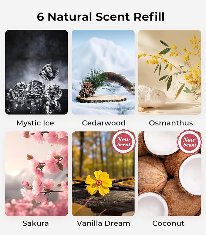 Smart Car Air Fresheners, Ambient Light & Mist Fragrance, Auto On/Off Car Air Freshener Diffuser, Adjustable Intensity, Lasts 6 Months, Built-in Battery, Premium Scents Refill X2 - Sakura