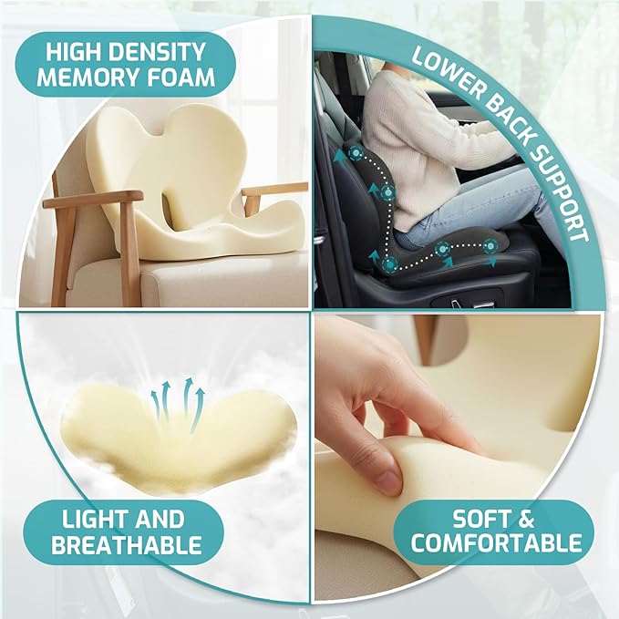 Trucker Seat Cushion, Car Seat Cushions with Lumbar Support Pillow, Ergonomic L-Shaped Orthopedic Memory Foam Pad for Long Driving Back Pain Sciatica Relief, Drivers Office Workers (Black+WE)