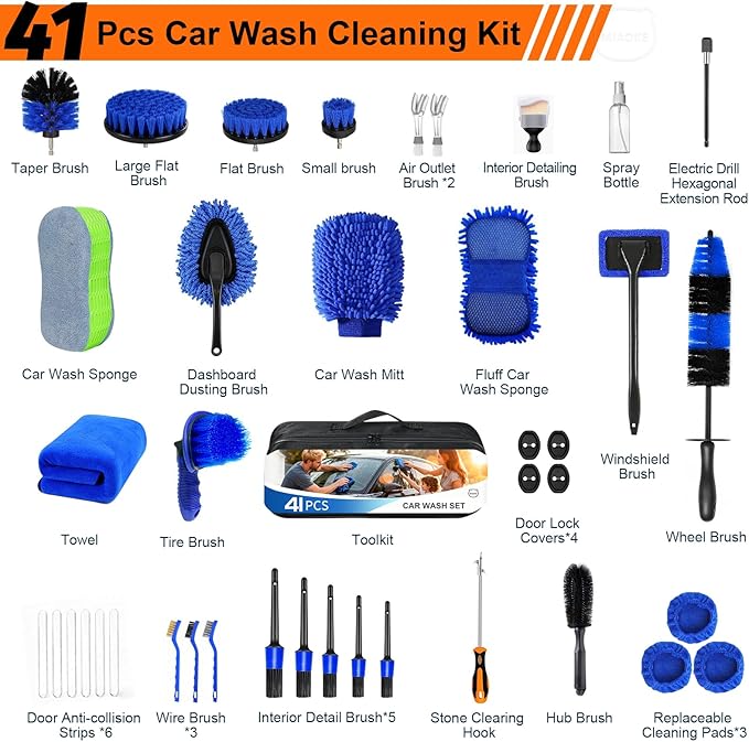 MIAOKE 41Pcs Professional Car Detailing Kit, Car Wash Kit with Portable Handbag, Wet and Dry Use Car Cleaning Kit, Durable Drill Brush, Apply to Interior, Exterior, Wheels, Trucks, Motorcycles