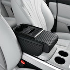 Car Center Console Armrest Pad, Arm Rest Box Cushion with Ergonomic Height Boost, Storage Pockets, Built-in Tissue Box, Cupholder, Fit for Most Sedan Vehicles (Embossing Checkerboard, Black)