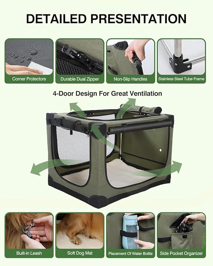 33" L x 25" W x 25" H Collapsible Travel Dog Crate, Portable Soft Dog Kennel for Medium Large Dogs up to 60 lbs, 4-Door Foldable Travel Crate with Durable Mesh & Storage BagGreen
