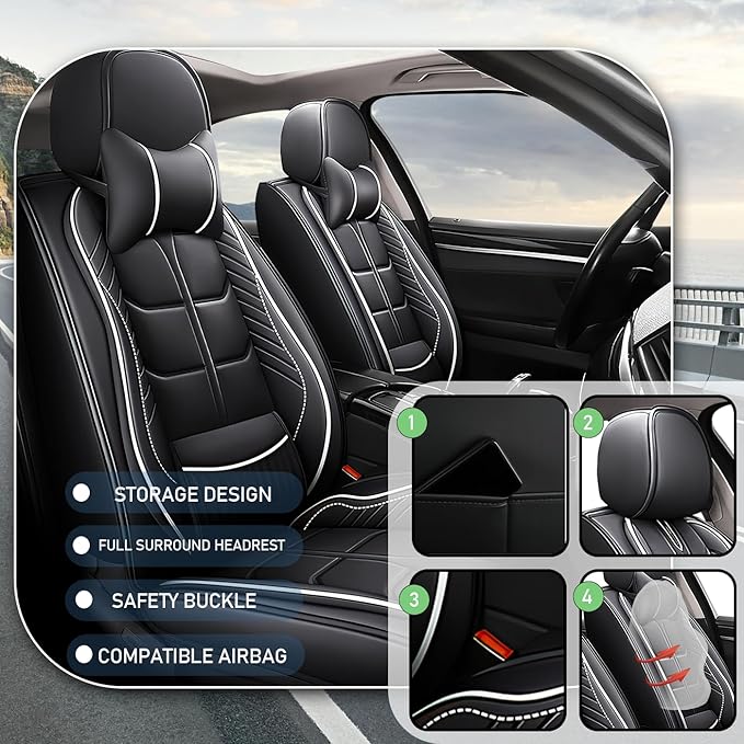 Leather Car Seat Covers Fit for Toyota Prius 2004-2024, 5 Seater Car Seat Cover, Premium Waterproof, Scratch Resistant Car Interior Accessories (Full Set with Pillow Black White)
