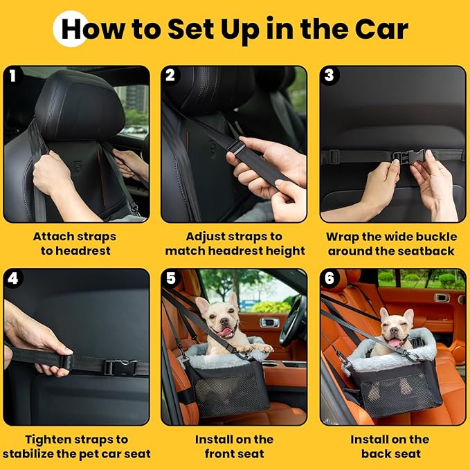 Dog Car Seat Booster for Small Pet Under 20lbs, Portable Travel Puppy Car Seat with Internal Steel Frame, Comfort Cushion & Storage Pockets, Adjustable Straps Fit Most Cars, Black