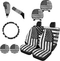 FKELYI Black American Flag Car Seat Covers - Full Set with Front, Back, Headrest, Cup Holder, Gear Shift, Handbrake, Steering Wheel Covers