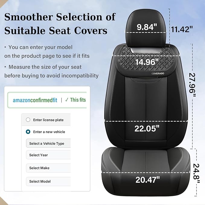 Coverado Car Seat Covers Full Set, Luxury Nappa Leather Seat Cover, Universal Seat Covers for Cars, Front and Back Waterproof Seat Cover Car Seat Protector Fit for Most Cars(Black)