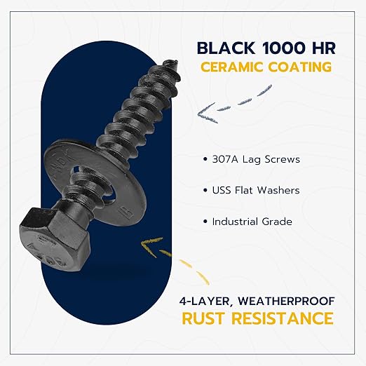 3/8 x 1-1/2 (50 Pack) Lag Screw Kit, 50 Screws and 50 Washers, Ceramic Black Ruspert Coating for Exterior Use, Meets ASTM A307 and ASME B18.2.1, Industrial/Commerical Grade by Makers Bolt