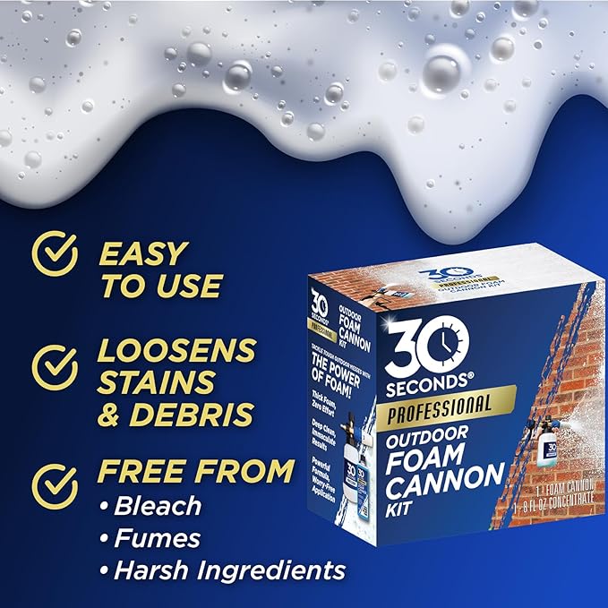 30 SECONDS Foam Cannon Kit – Pressure Washer Sprayer + 8 fl. oz. Soap – Foaming Cleaner for Siding, Decks, Driveways & Outdoor Surfaces