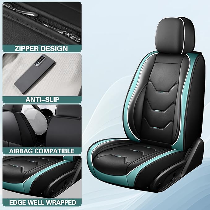 otoez Universal Leather Car Seat Covers 5 Seat Full Set Automotive Seat Protector Replacement Compatible with Most Honda Toyota Chevy Ford, Vehicles, Sedens, Trucks, SUVs (Green+Black,No Pillows)