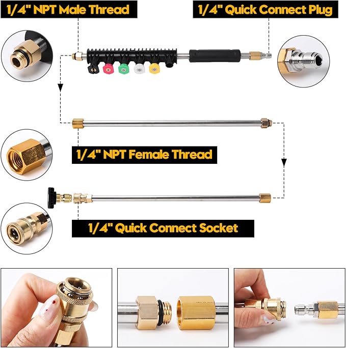 Pressure Washer Extension Wand Upgrade, 9 Pack Power Washer Lance with 6 Nozzle Tips, 30°,90° Curved Rod, 1/4" Quick Connect, 4000 PSI
