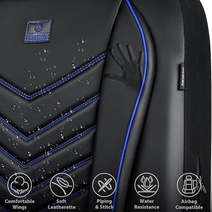 CAR PASS 3D Foam Faux Leather Car Seat Covers Full Set, Waterproof Leather Seat Cover for Cars, Luxury Universal Fit for SUV Truck Sedan Automotive, Armrest Airbag Compatible Anti-Slip, Black and Blue