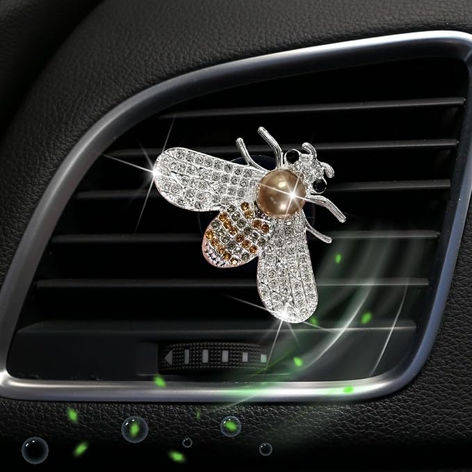 White Silver Bee Car Air Vent Clips,Bling Rhinestone Car Air Fresheners Vent Clip,Cute Aromatherapy Diffuser Car Vent Clip Interior Decoration Charm Accessories for Girl Women