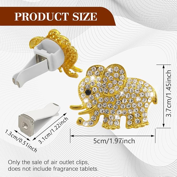 2PCS Elephant-Shaped Car Vent Clips with Rhinestone, Car Vent Accessories, Elephant Design Auto Air Freshener Diffuser, Rhinestone Air Conditioner Outlet Clips for Women Girls (Gold, Elephant)