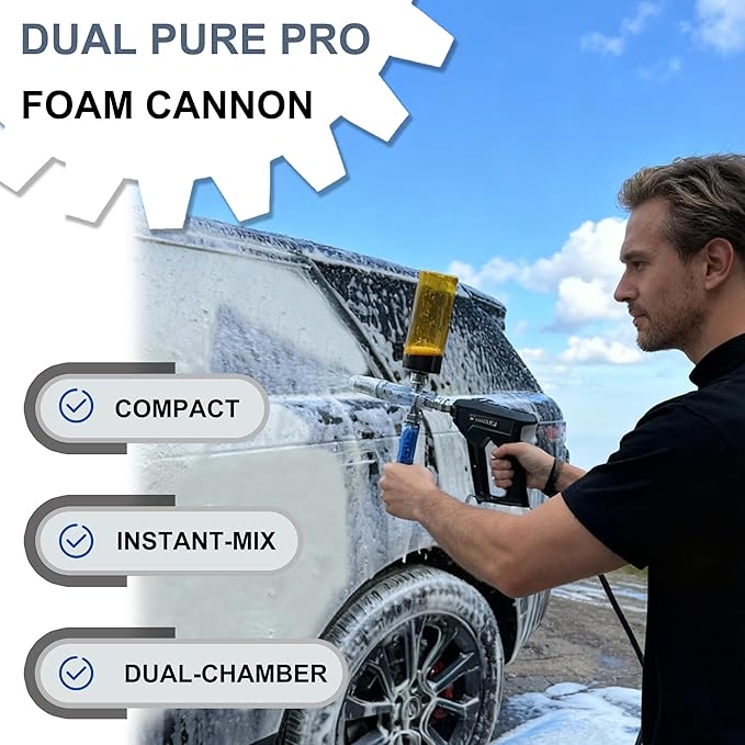 Dual Pure Pro Foam Cannon for Pressure Washer, Dual-Bottle Mini Soap Cannon for Pre-Wash and Main Wash, No Dilution Foam Sprayer with 1/4 Inch Quick Connector, Additional 1.1mm Orifice Nozzle