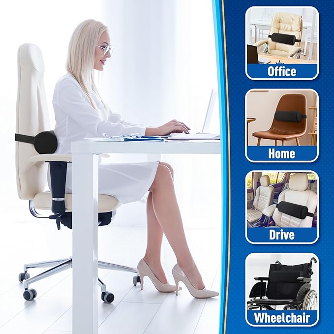 Lumbar Roll Support Pillow for Office Chair, Car, Gaming Chair, Memory Foam Back Cushion with Washable Cover for Relieving Back Pain & Improving Posture,Black