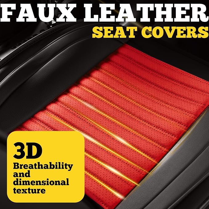 LINGVIDO Full Set Car Seat Covers, Faux Nappa Leather, Airbag Compatible and Waterproof Protectors for Sedans SUVs, Breathable Interior for Active Families, Pets, and Commuters (5 Seats, Black/Red)