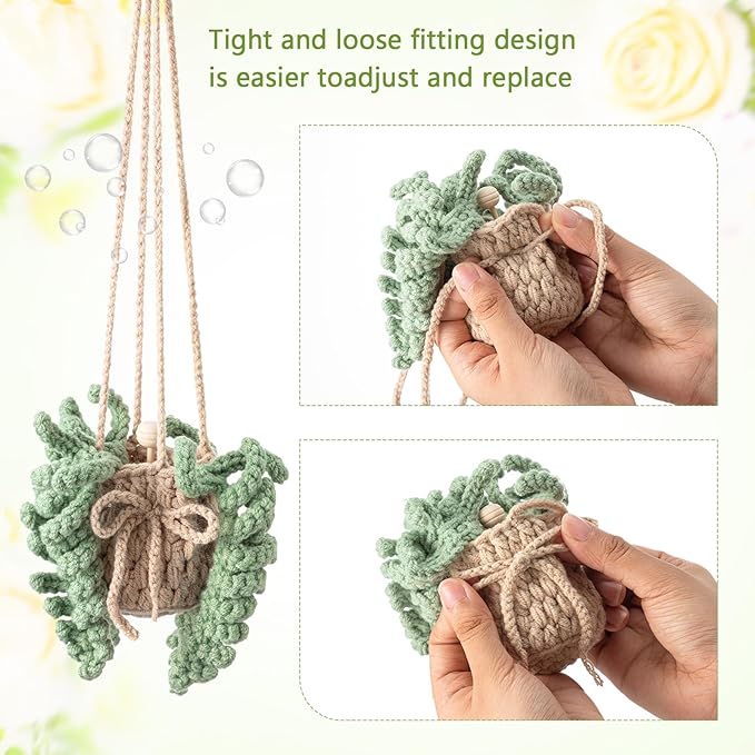 Cute Crochet Plant Car Freshener 12ml Empty Refillable Diffuser Bottle with Plants Hanging Accessories for Rearview Mirror Home Office Decor Women Mother's Day Gifts(Fern)