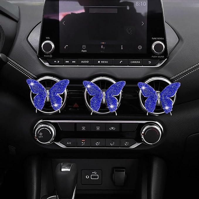 Dotesy 2 Pack Bling Bling Butterfly Air Vent Clips Crystal Butterfly Car Air Fresheners Vent Clips Diamond Cute Car Interior Decor for Women (Blue)