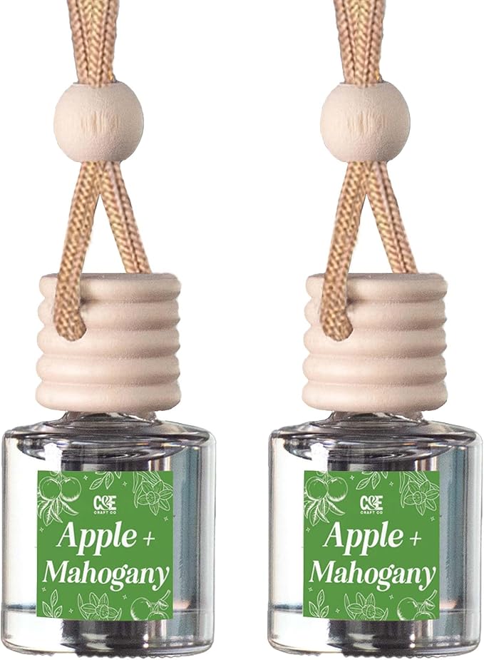 C&E Craft Co Hanging Car Air Freshener Diffuser 2 Pack, Long Lasting Fragrance Oil Car Freshener, Glass Bottle Auto Air Freshener, Made in USA (Apple + Mahogany)