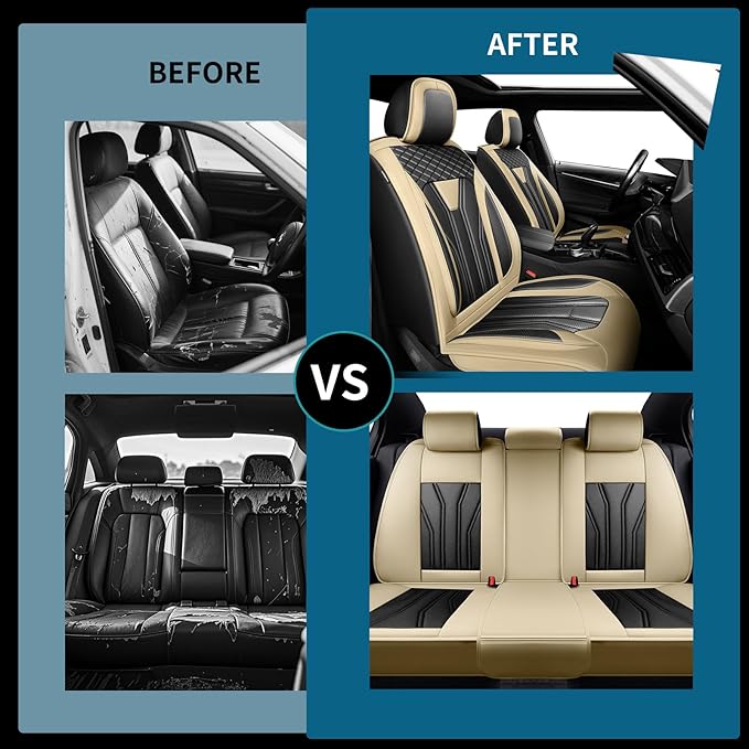 Fit Juke Car Seat Covers Compatible with Nissan Juke 2012-2015 2016 - Premium Leather， Waterproof Breathable， All-Weather Seat Cushion Protecto&Airbag Compatible (2 Front Seat Beige&Black)