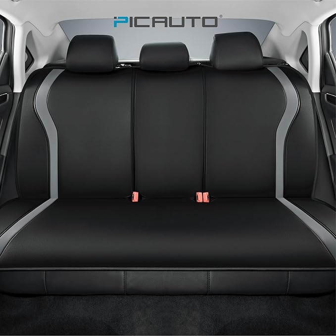 PIC AUTO Leather Car Seat Covers, Premium Automotive Waterproof Front & Rear Full Set Bucket Car Seat Protectors, Black and Gray PVC Patchwork, Fits for Cars, Trucks, Van, SUV, Airbag Compatible