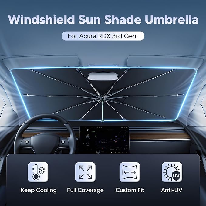 Autorder Windshield Sun Shade Umbrella for 2019-2025 Acura RDX Accessories,Upgraded Ice Crystal Material,Easy Setup Umbrella Sunshade for Car Windshield,100% Sun Blocking