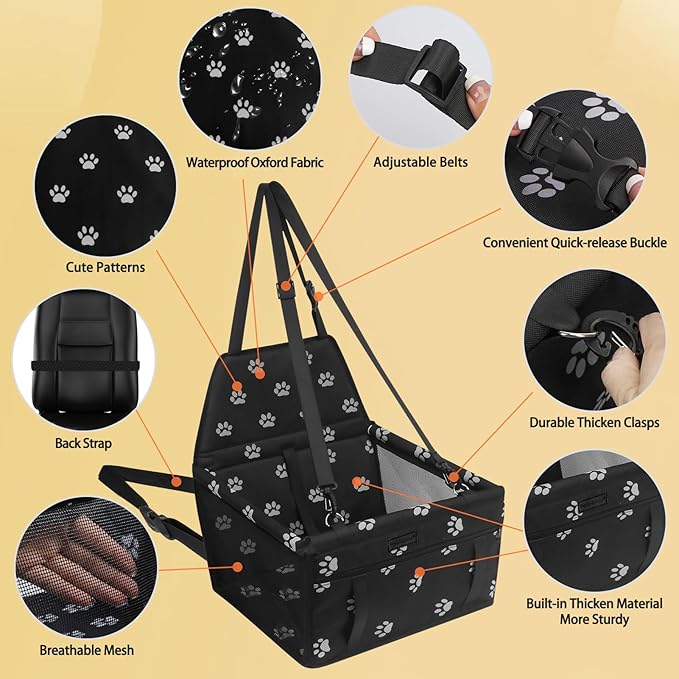 PetsHome Dog Car Seat Foldable Dog Car Booster Seat Waterproof Breathable Oxford Travel Bag for Small to Medium Dogs, Puppies, and Pets-Footprint Black+Mat