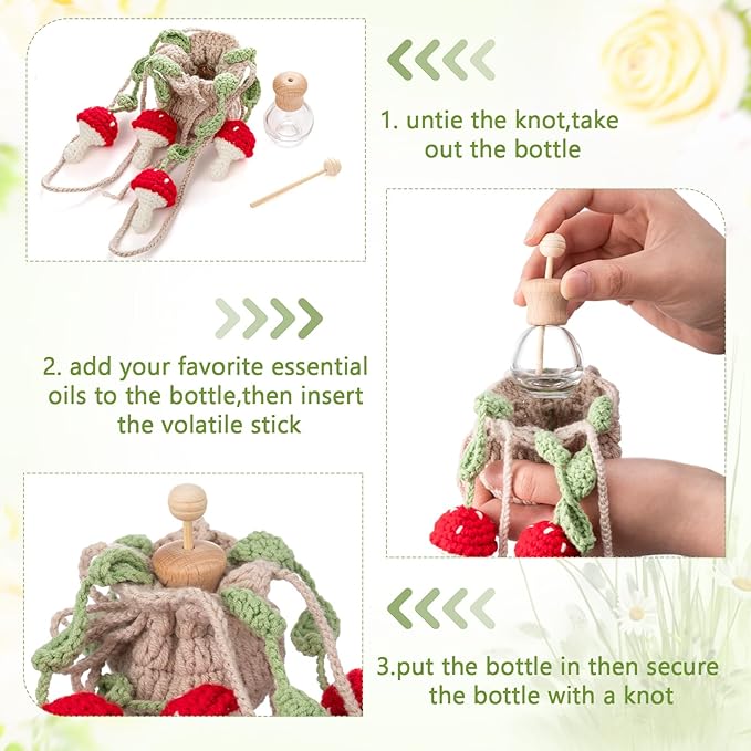 Cute Crochet Plant Car Freshener 12ml Empty Refillable Diffuser Bottle with Plants Hanging Accessories for Rearview Mirror Home Office Decor Women Mother's Day Gifts(Mushroom)