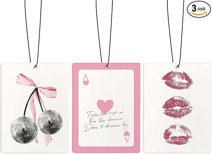 Cute Pink Air Freshener for Car, Coquette Pink Bow Funky Y2K Disco Ball Ace Card Lips Air Freshener Hanging 3 Pcs for Cars Closet Drawer or Books, Girly Preppy Car Mirror Decor for Women