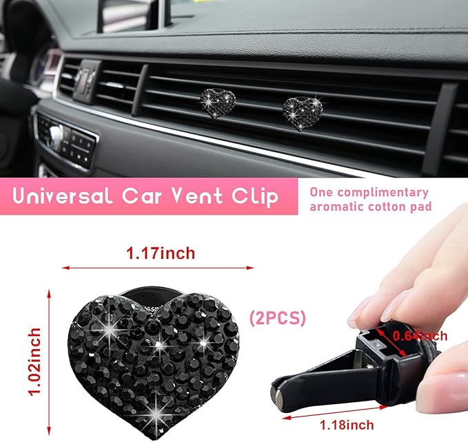 Ziciner 2PCS Bling Heart Car Air Vent Clips Charms, Heart Shaped Crystal Car Air Freshener Vent Clips, Rhinestone Air Conditioning Outlet Clip, Vehicle Decor Accessories for Women Girls (Black)