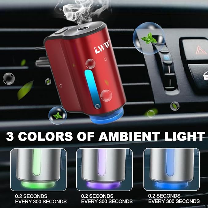 Car Air Freshener - Smart Adjustable 3-Speed Intensity, Rechargeable Humidifier Car Essential Oil Diffuser - Comes with 8 Bottles of 10ml Perfume (Red)
