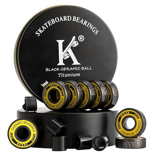 ABEC 9 Skateboard Bearings - Premium 608rs Ceramic Ball Bearings with Titanium Coating - Fast Spin Longboard Bearings Set (8-Pack + Washers + Spacers)