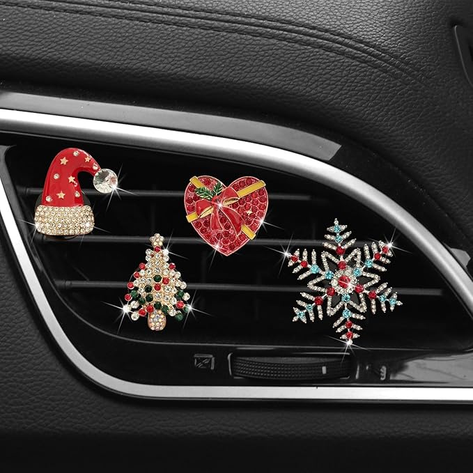 Set of 4 Bling Christmas Car Air Freshener Vent Clips, Crystal Rhinestone Sparkly Air Conditioning Outlet Decorative Clip Charms Cute Car Interior Accessories