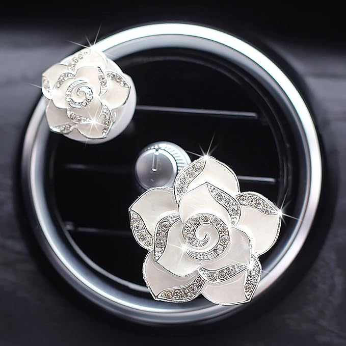 2 Pcs Camellia Air Vent Clips, Cute Flower Car Air Freshener Clip, Bling SUV Outlet Decorations, Crystal Rose Vent Diffuser, Charm Car Inter Decor Accessories for Women Girls