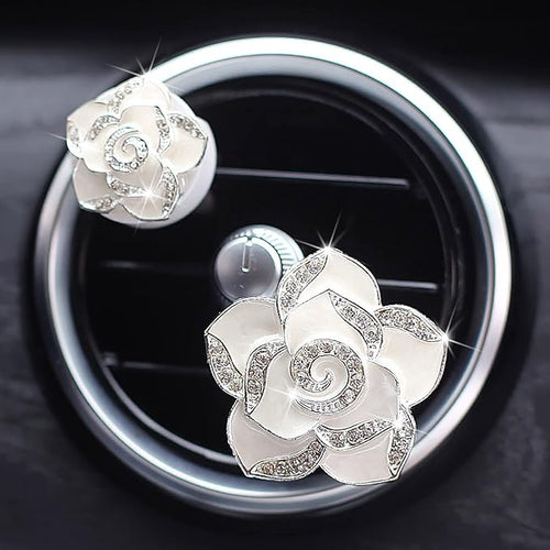 2 Pcs Camellia Air Vent Clips, Cute Flower Car Air Freshener Clip, Bling SUV Outlet Decorations, Crystal Rose Vent Diffuser, Charm Car Inter Decor Accessories for Women Girls