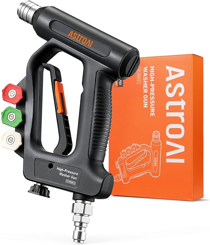 AstroAI Short Pressure Washer Gun with Swivel - High Pressure Washer with 4 Nozzles and 3/8” Swivel Quick Connector Plug - 4060PSI Max and Compatible with Hose, Foam Cannon Car Wash Foam Gun, Black