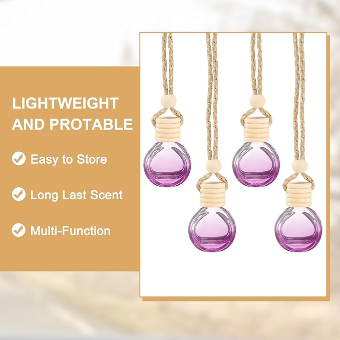 uxcell 8pcs Hanging Car Air Freshener Perfume Bottle, 10ml Pendant Empty Clear/Purple Glass Essential Oil Aromatherapy Diffuser with Wooden Cap for Car Decor (Clear/Purple, Round)