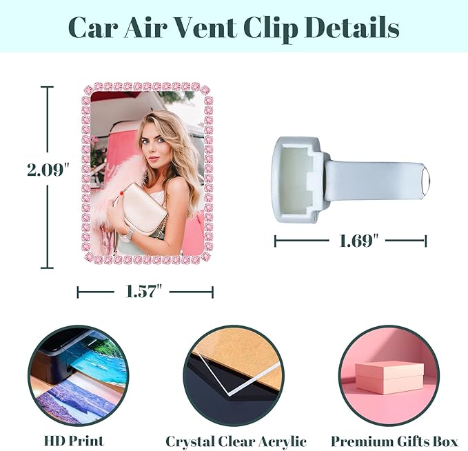Custom Rhinestone Car Vent Clip Air Freshener with Photo – Personalized Acrylic Picture Frame for Car Interior Decoration Accessories, Rectangular Shape (Pink, One Size)