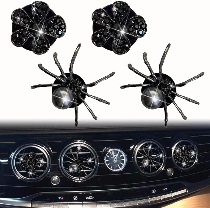 4 Pcs Black Bling Spider and Daisy Car Air Fresheners Vent Clips Diffuser Vent Clip Rhinestone Diamond Decoration Car Interior Decor Cute Accessories for Women, Automotive Air Fresheners