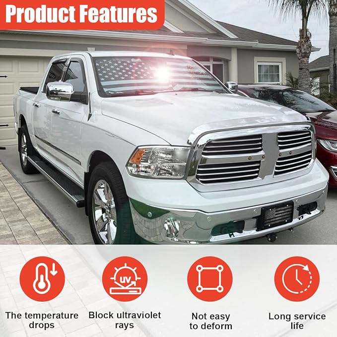 American Flag Car Windshield Sun Shade, Foldable Car Front Window Sunshade for Cars SUV Truck, Auto Interior Sun Protection Cover, Blocks UV Rays & Keeps Your Vehicle Cool (Black, L)