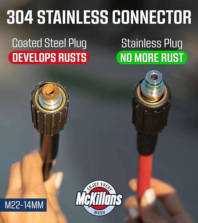 McKillans® Pressure Washer Hose 50 ft - Flexible & Kink-resistant - Steel-Braided & Durable- M22-14mm Stainless Steel Plug - Power Washer Hose - High Pressure 1/4" Inner Diameter - Long 50 ft Reach