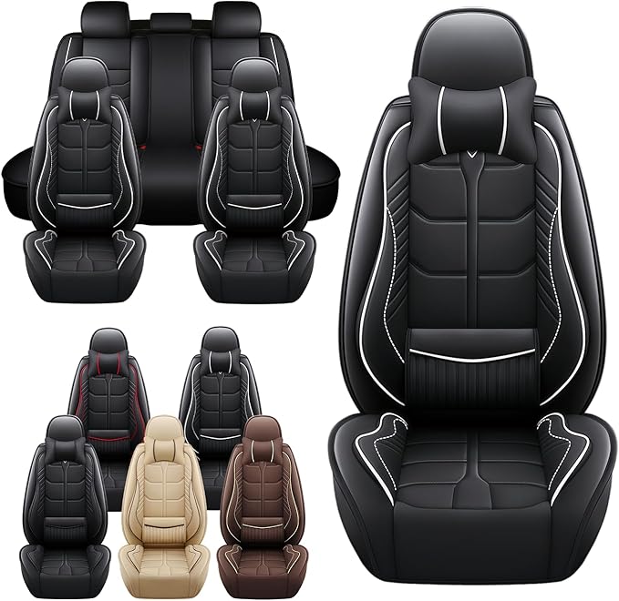 Leather Car Seat Covers Fit for Toyota Prius Prime 2017-2024, 5 Seater Car Seat Cover, Premium Waterproof, Scratch Resistant Car Interior Accessories (Full Set with Pillow Black White)