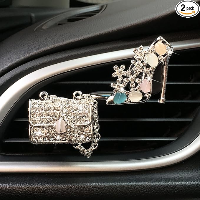 2 Pieces Crystal High Heel Shoe and Bag Air Vent Clips Rhinestone Car Air Freshener Clip Bling Pearl Car Clip Gift Decorations Charm Car Inter Air Vent Decor Accessories for Girls Women