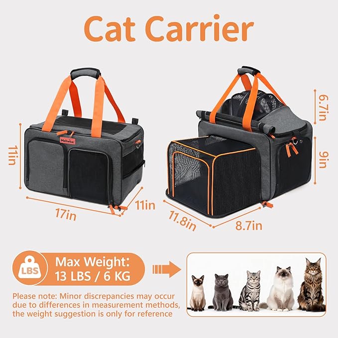 Cat Pet Carrier Soft Sided Bag Airline Approved, Foldable Travel Large Carrier for Small Kittens Medium Cats Up to 13 Lbs, Expandable Carrying Case for Car, Comfortable for Transport