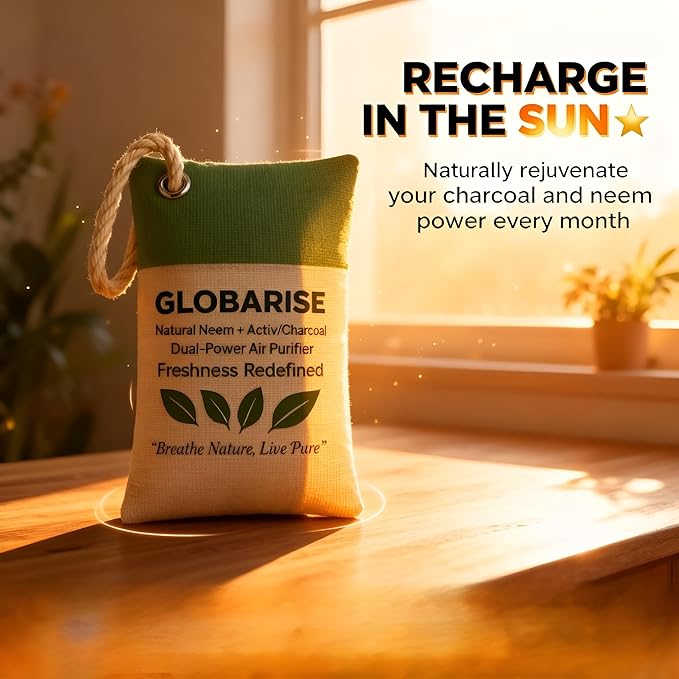 GlobaRise™ Dual Power Charcoal + Neem Odor Absorber Bags Natural Air Purifier Bags for Home, Car, Shoes & Pets | Activated Charcoal Deodorizer Eliminator | Eco-Friendly & Reusable | 100g, Pack of 6