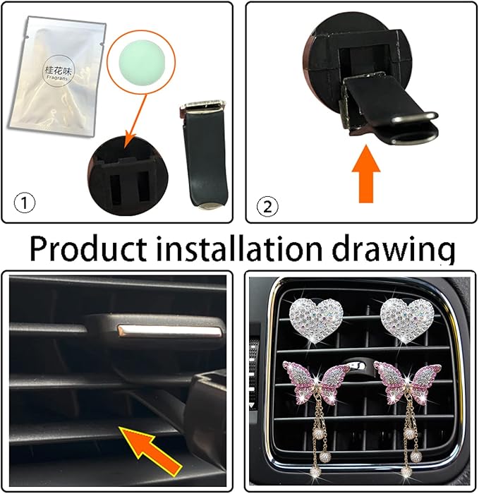 Bling Butterfly Heart Air Vent Clips, 4 Pcs Pink Car Air Fresheners, Diffuser With Diamond Decoration, Cute Interior Decor Accessories for Women