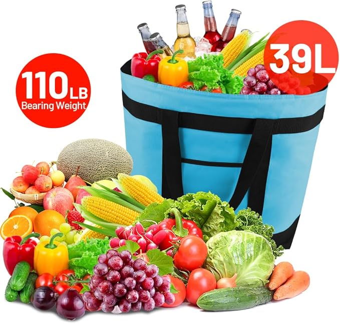 mosago 2PK Reusable Grocery Tote Bags, Insulated Cooler Shopping Bag for Women, Pizza/Food Delivery Bags to Keep Food Hot/Cold for Commercial Food Transport, Cooler Bag for Travel/Picnic, Collapsible